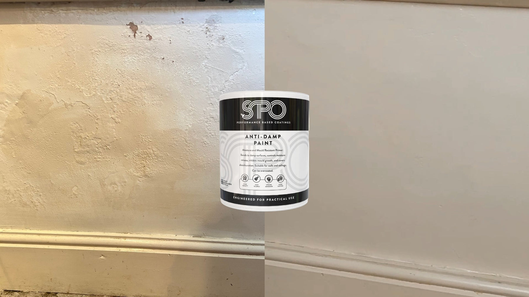 Before and After of SPO Anti-Damp Paint Painting a wall suffering from damp