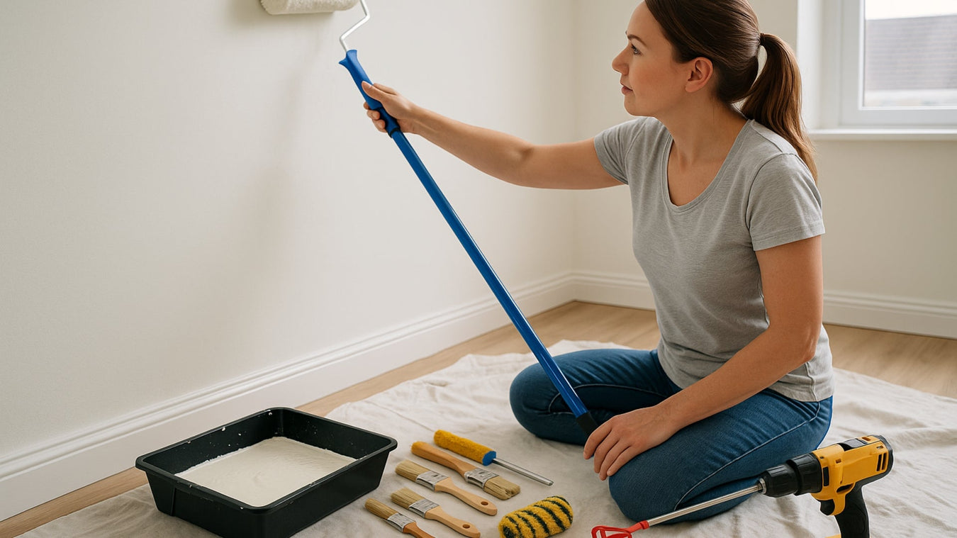 Painting a wall using a roller and paint extension pole, with tray and paint brushes mixed with a mechanical drill paddle mixer