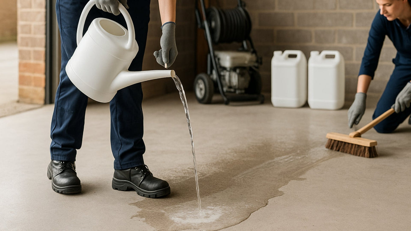 Cleaning and chemically abrading a concrete floor ready for painting with Coo-Var Acid Etch