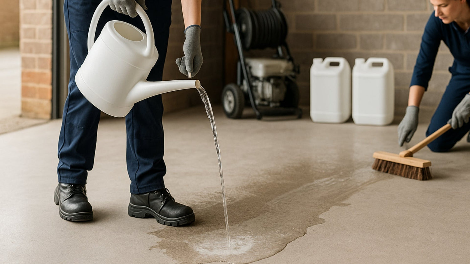 Cleaning and chemically abrading a concrete floor ready for painting with Coo-Var Acid Etch