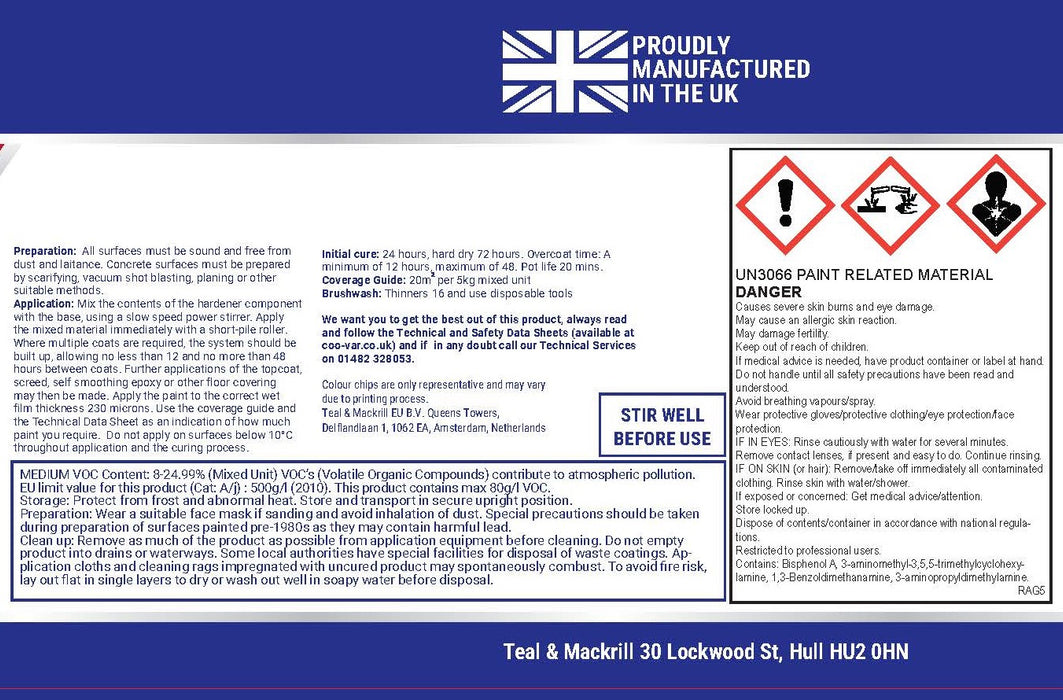 Coo-Var Dampshield Primer back hardener label with full safety advice and handling directions.