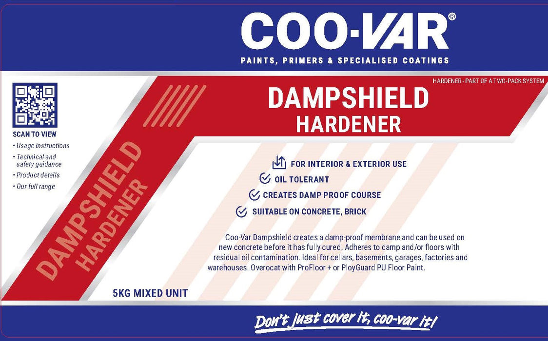Coo-Var Dampshield Primer front hardener label showing mixing instructions and hazard information.