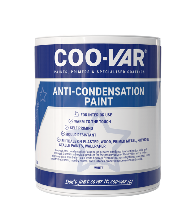 Coo-Var Anti-Condensation Paint shown in its front-facing tin.