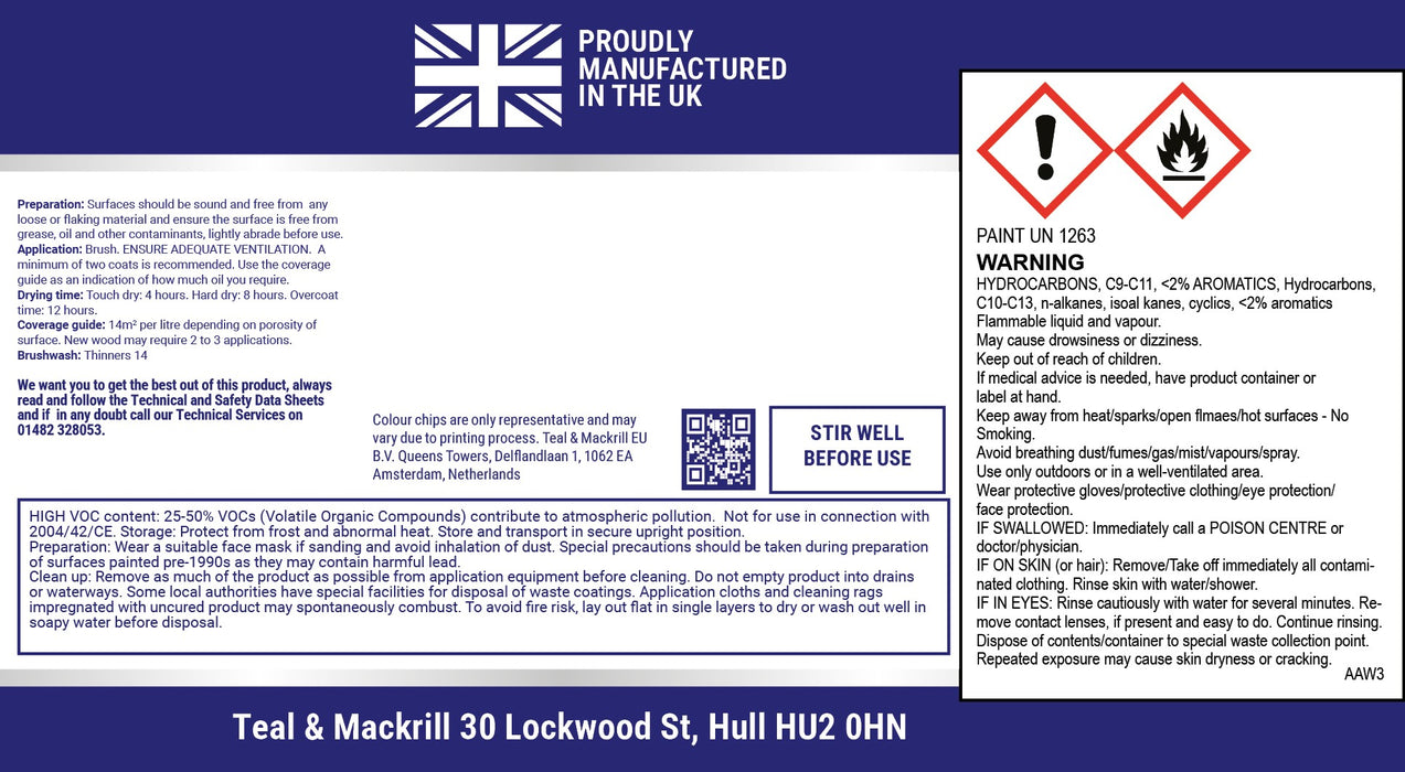 Coo-Var Danish Oil back label with usage and safety instructions.