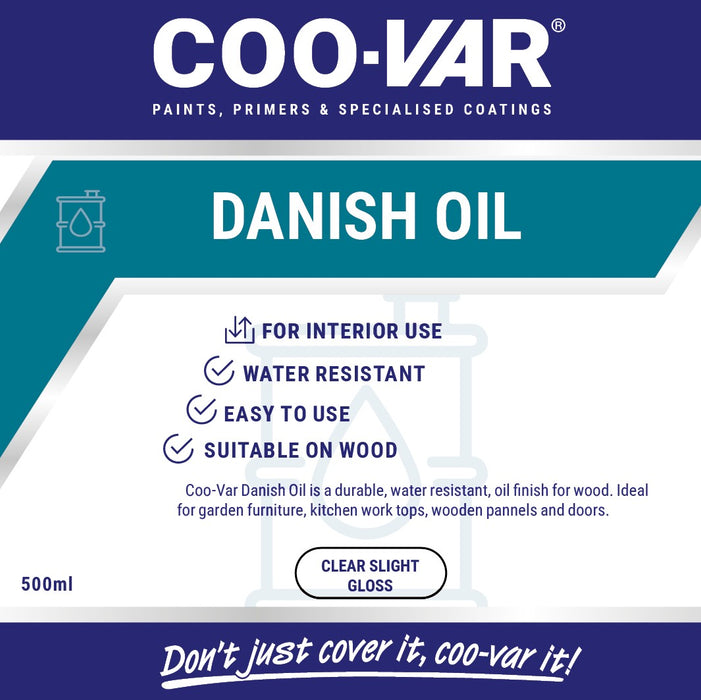 Coo-Var Danish Oil front label displaying product branding and details.