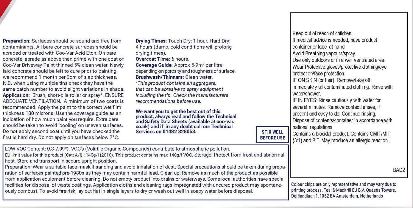 Coo-Var Driveway Paint back label with application guidelines.