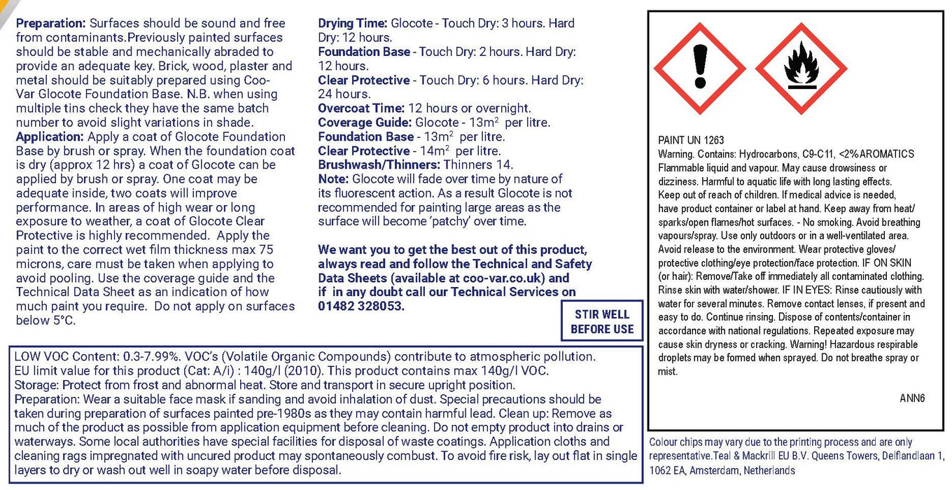 Coo-Var Glocote Fluorescent Paint High-Visibility Paint back label showing instructions and safety guidance.