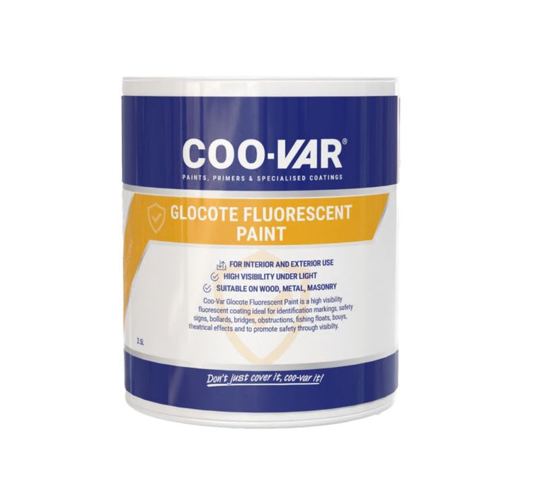 Coo-Var Glocote Fluorescent Paint High-Visibility Paint front of tin showing product branding and label.