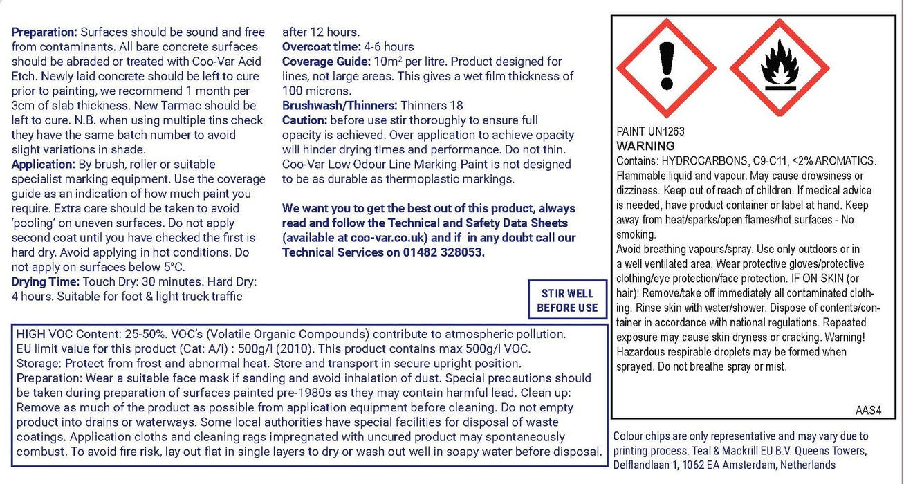 Coo-Var Line Marking Paint back label with application and safety info.