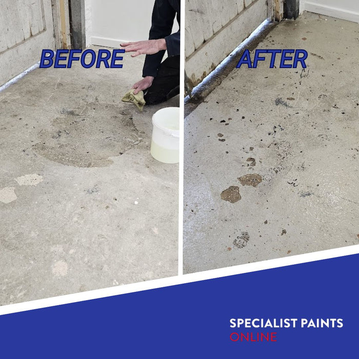 Coo-Var Oil Remover before and after use on a concrete garage floor.