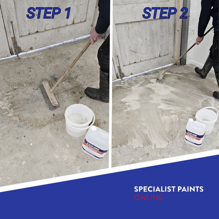 Coo-Var Oil Remover step 1 and 2 of removing oil from concrete floor.