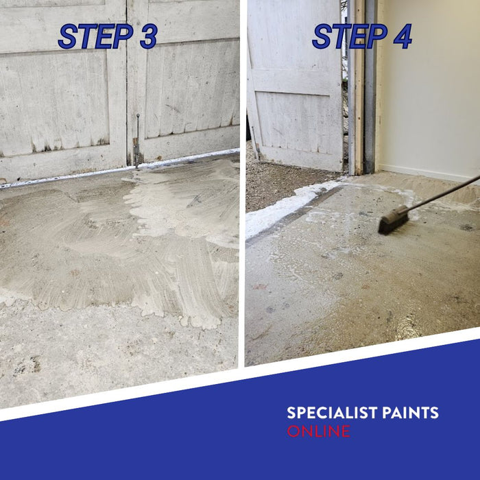 Coo-Var Oil Remover step 3 and 4 of removing oil from concrete floor.