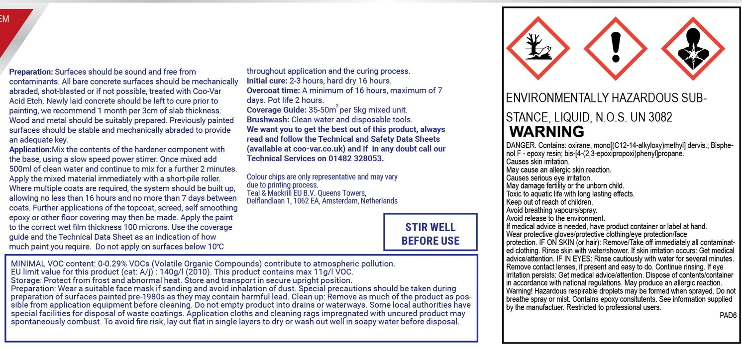 Coo-Var ProSeal Floor Primer base component back label with instructions.