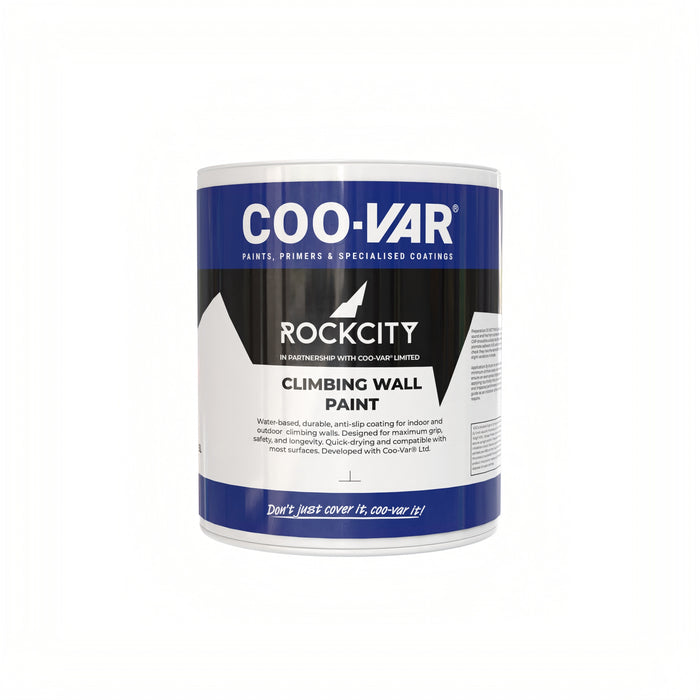 Coo-Var × Rock City Climbing Wall Paint tin front showing branding and anti-slip climbing wall paint label.