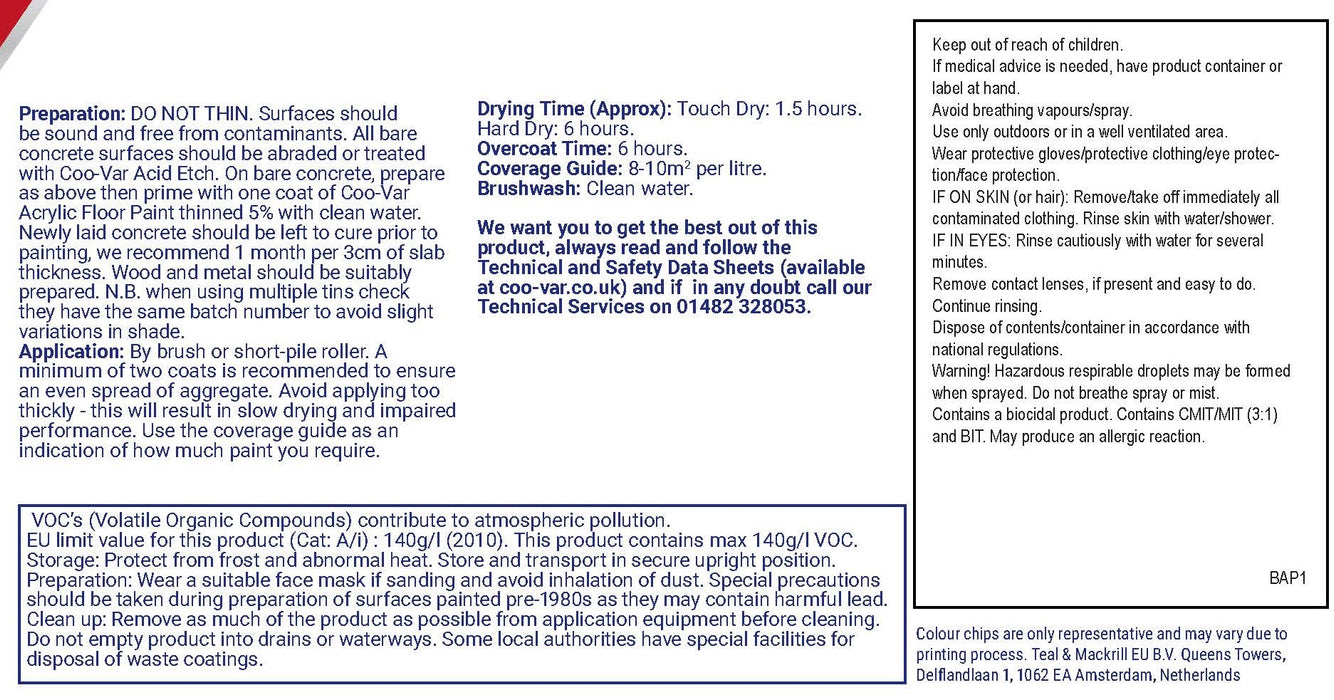 Coo-Var Suregrip Aqua Anti-Slip Floor Paint back label with instructions.