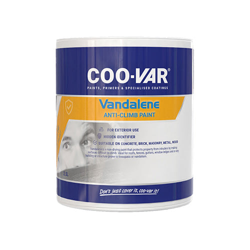 Coo-Var Vandalene Anti-Climb Paint shown in its front-facing tin.