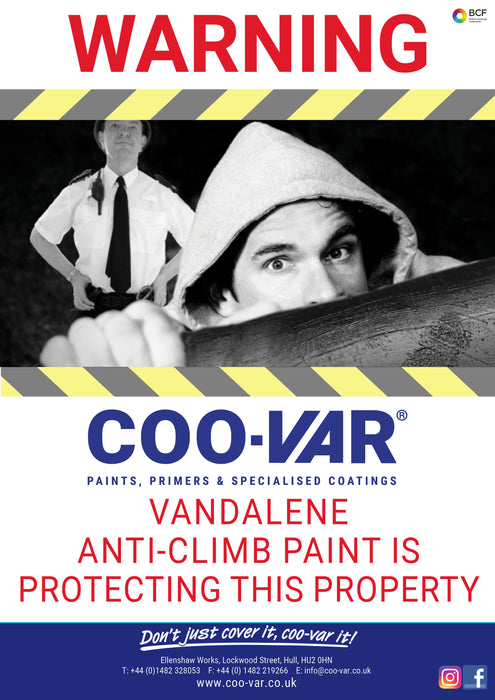 Coo-Var Vandalene Anti-Climb Paint accompanied by a deterrent warning sign.