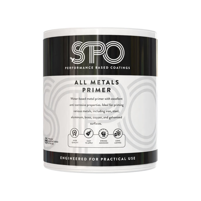 SPO All Metals Primer shown in its front-facing tin.