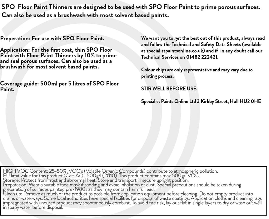 SPO Floor Paint Thinners back label showing safety guidance and usage instructions.