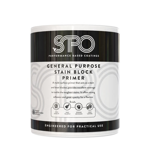 SPO General Purpose Stain Block Primer front of tin displaying product branding and label.
