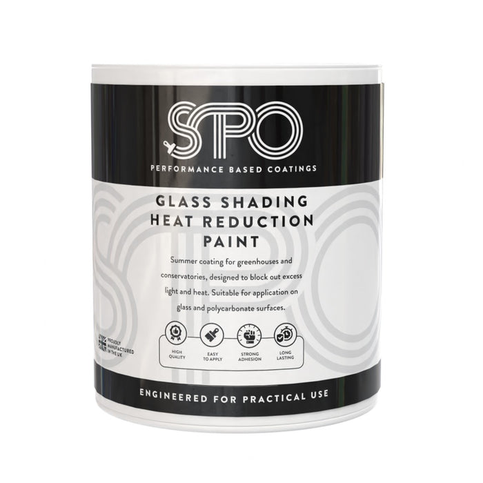 SPO Glass Shading Heat Reduction Paint tin front showing heat-reducing window paint branding.