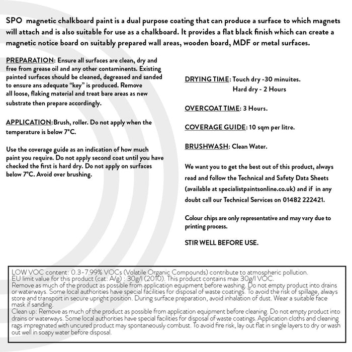SPO Magnetic Chalkboard Paint back label showing product information.