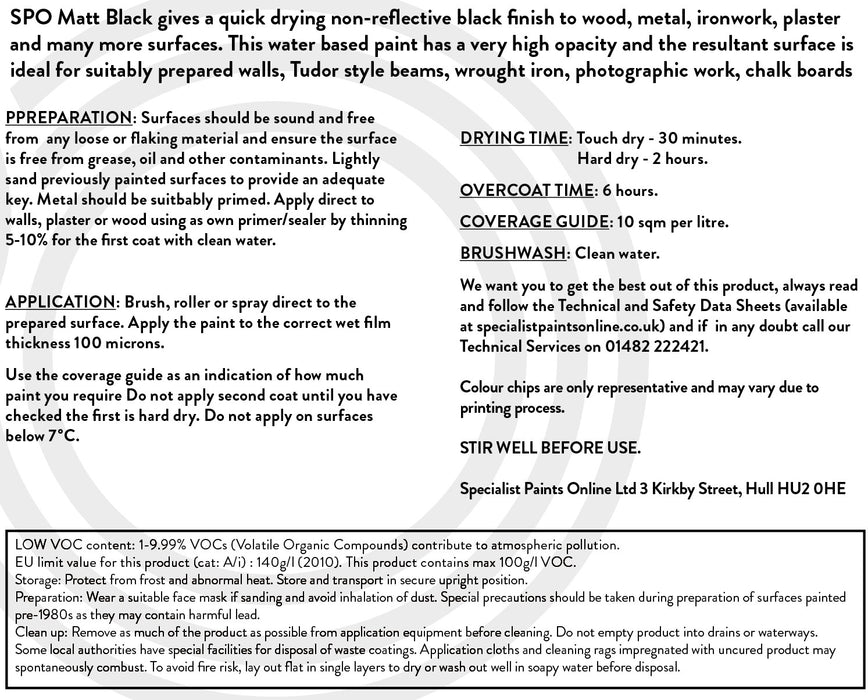 SPO Matt Black Paint back label with product and application details.