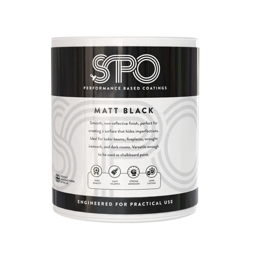 SPO Matt Black Paint shown in its front-facing tin.