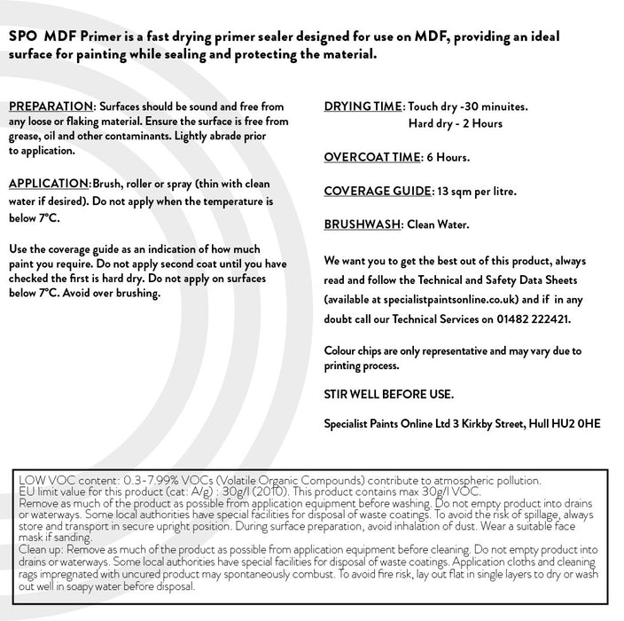 SPO MDF Primer back label with application and safety details.