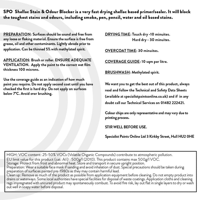 SPO Shellac Stain & Odour Blocker back label with usage information.