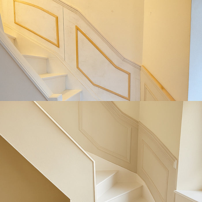 SPO Shellac Stain & Odour Blocker before and after pen and pencil stains on panelling.