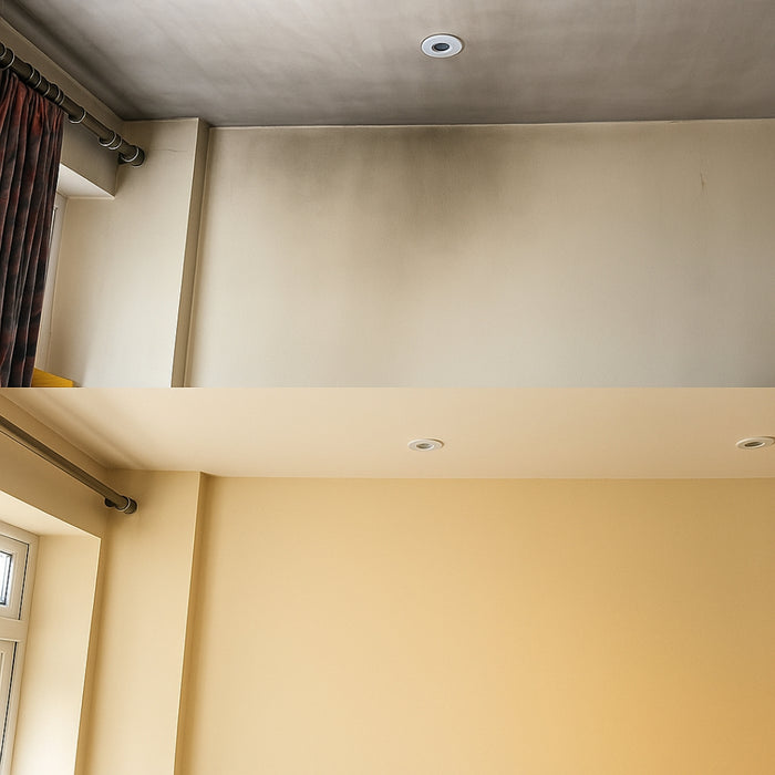 SPO Shellac Stain & Odour Blocker before and after on smoke-stained kitchen wall.