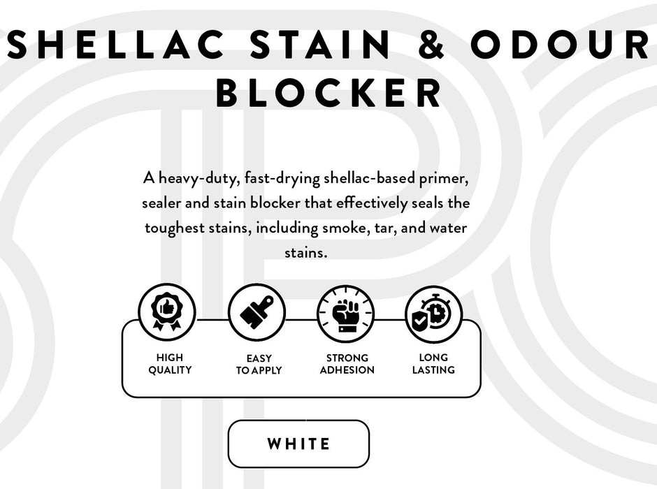 SPO Shellac Stain & Odour Blocker close-up of the front tin label.