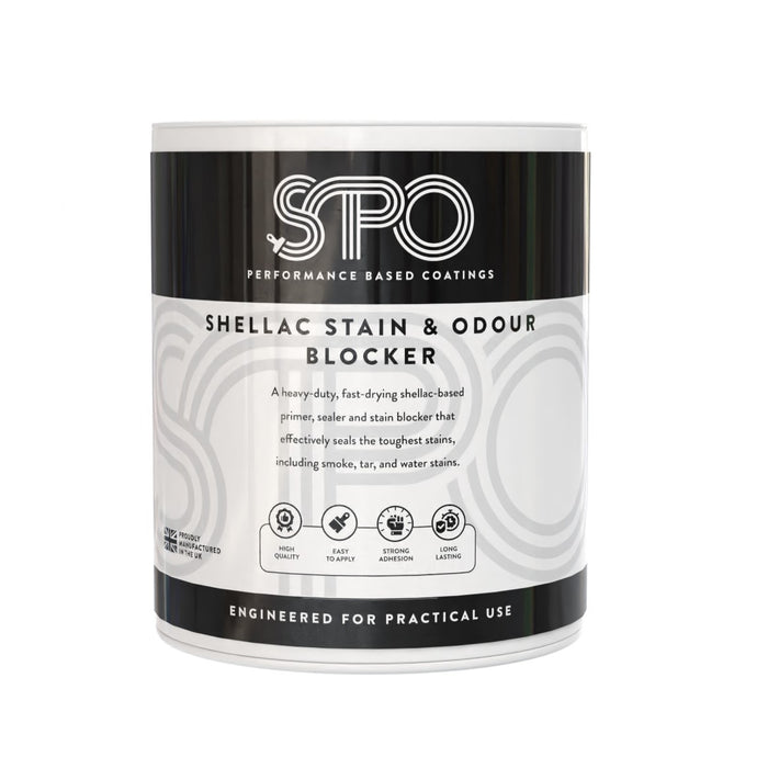 SPO Shellac Stain & Odour Blocker shown in its front facing tin.
