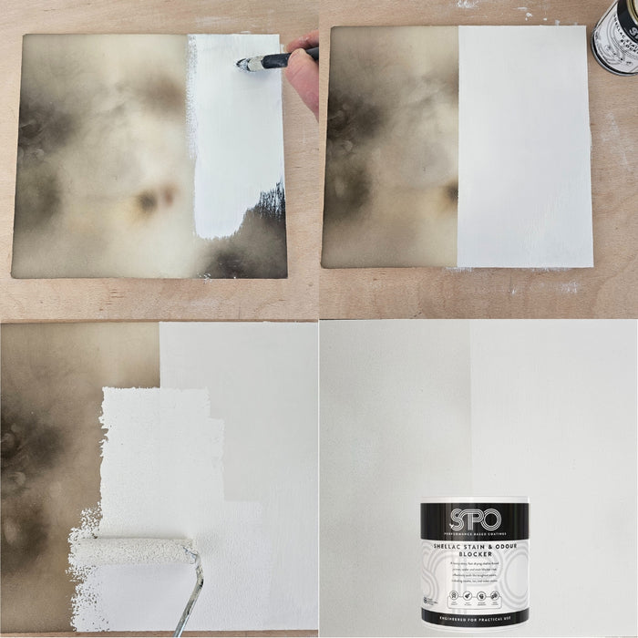 SPO Shellac Stain & Odour Blocker applied over smoke-stained surface.