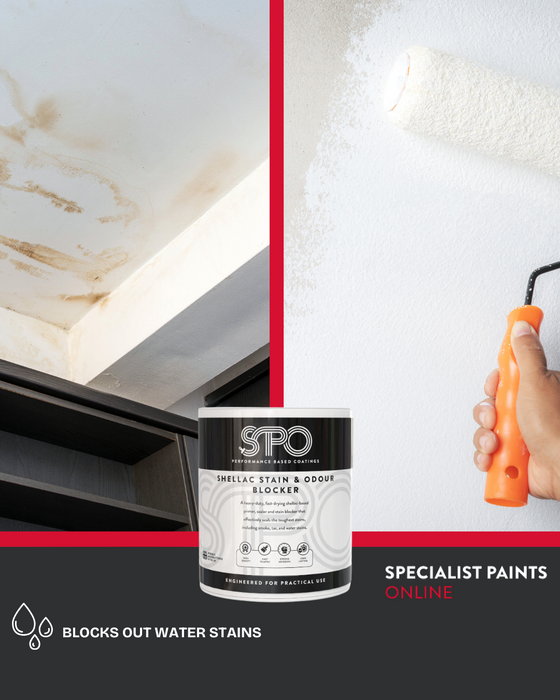 SPO Shellac Stain & Odour Blocker used to block water damage on ceiling.