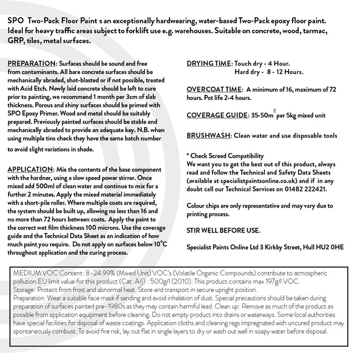 SPO Two-Pack Epoxy Floor Paint back base label containing safety guidance and preparation details.