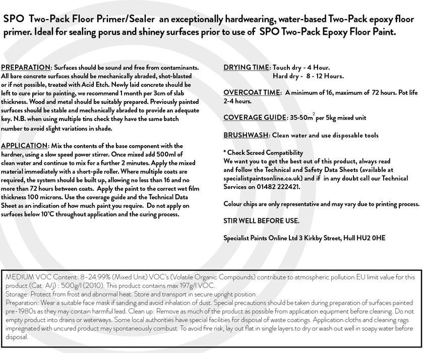 SPO Two-Pack Floor Primer & Sealer back label of the base component.