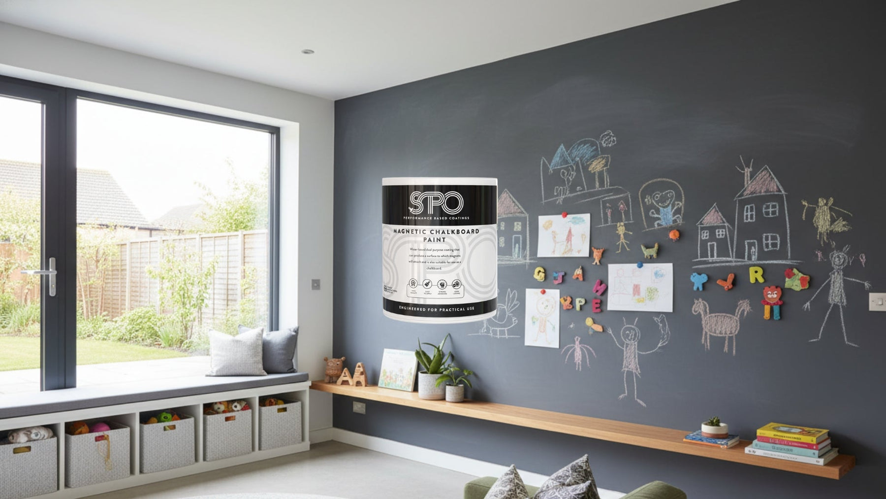 SPO Magnetic Chalkboard Paint feature wall in UK home kitchen or playroom