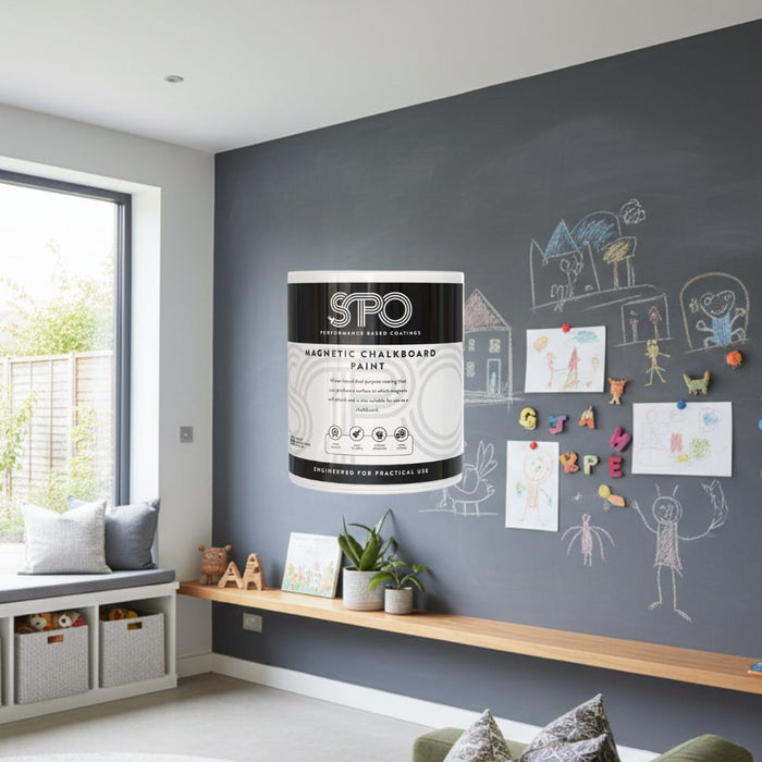 SPO Magnetic Chalkboard Paint feature wall in UK home kitchen or playroom