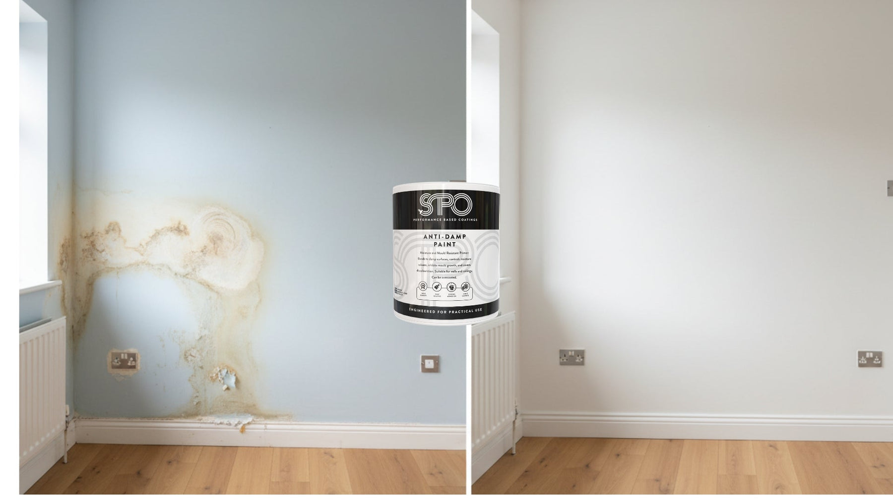 Before and after comparison showing damp wall with staining transformed with SPO Anti-Damp Paint to a fresh white finish