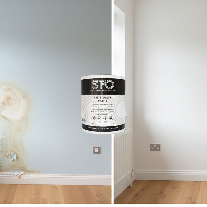 Before and after comparison showing damp wall with staining transformed with SPO Anti-Damp Paint to a fresh white finish