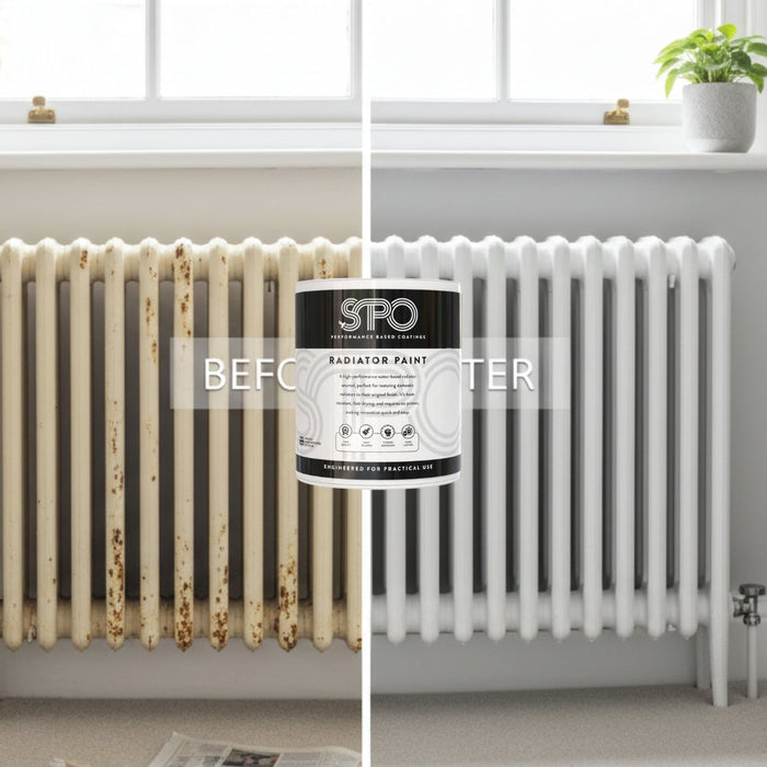 Before and after comparison showing old yellowed radiator transformed with SPO Radiator Paint to brilliant white finish