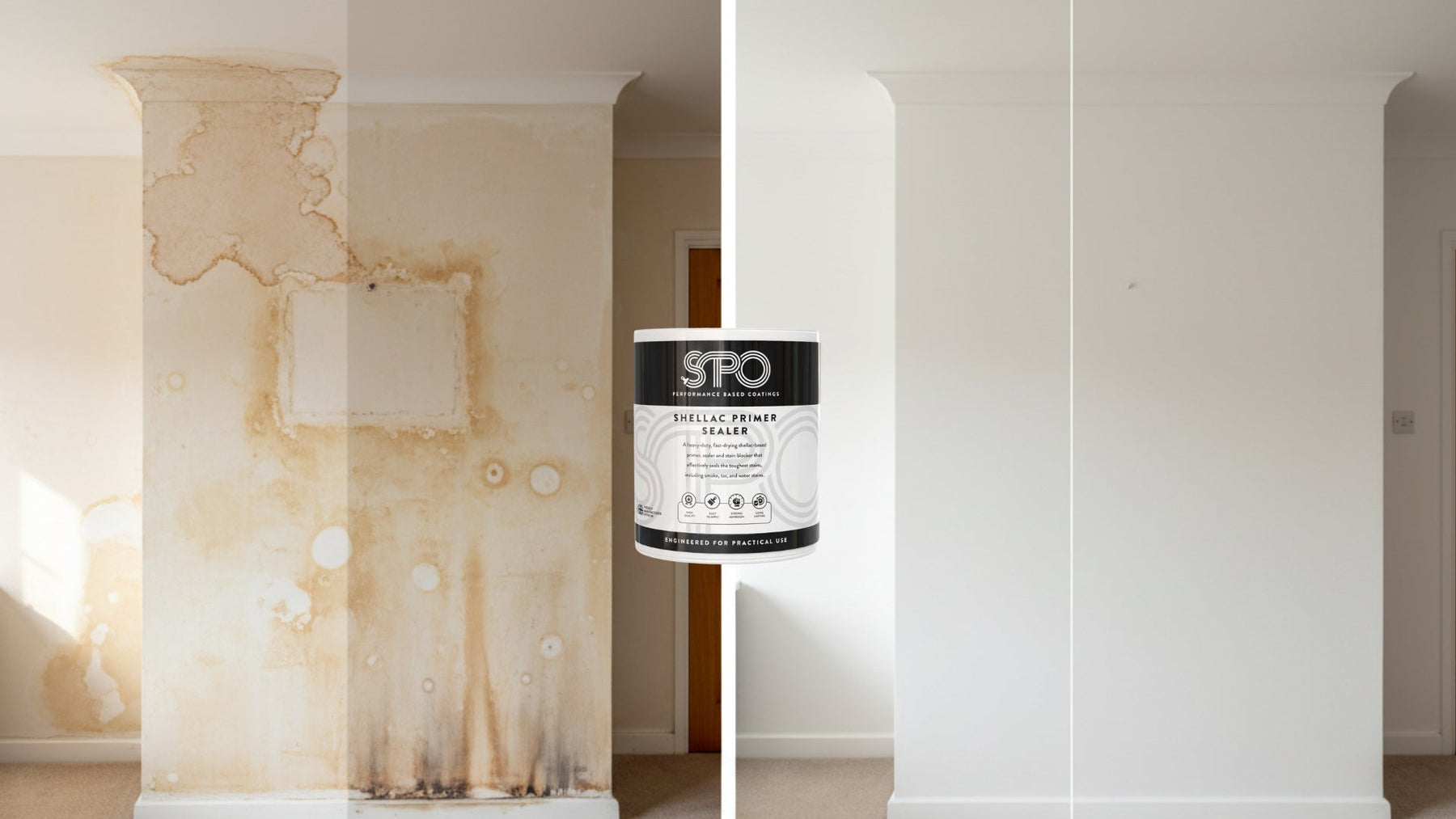 Before and after comparison showing stained wall sealed with SPO Shellac Stain & Odour Blocker primer ready for painting