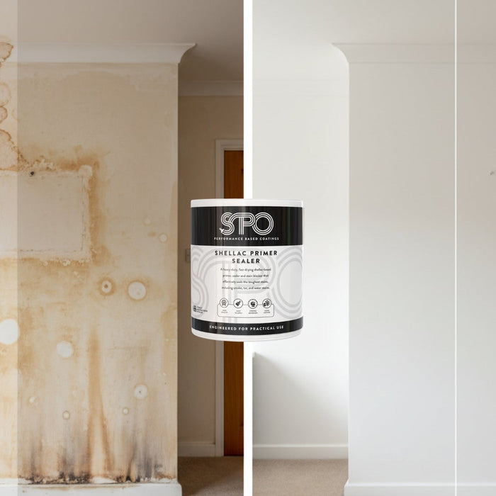 Before and after comparison showing stained wall sealed with SPO Shellac Stain & Odour Blocker primer ready for painting