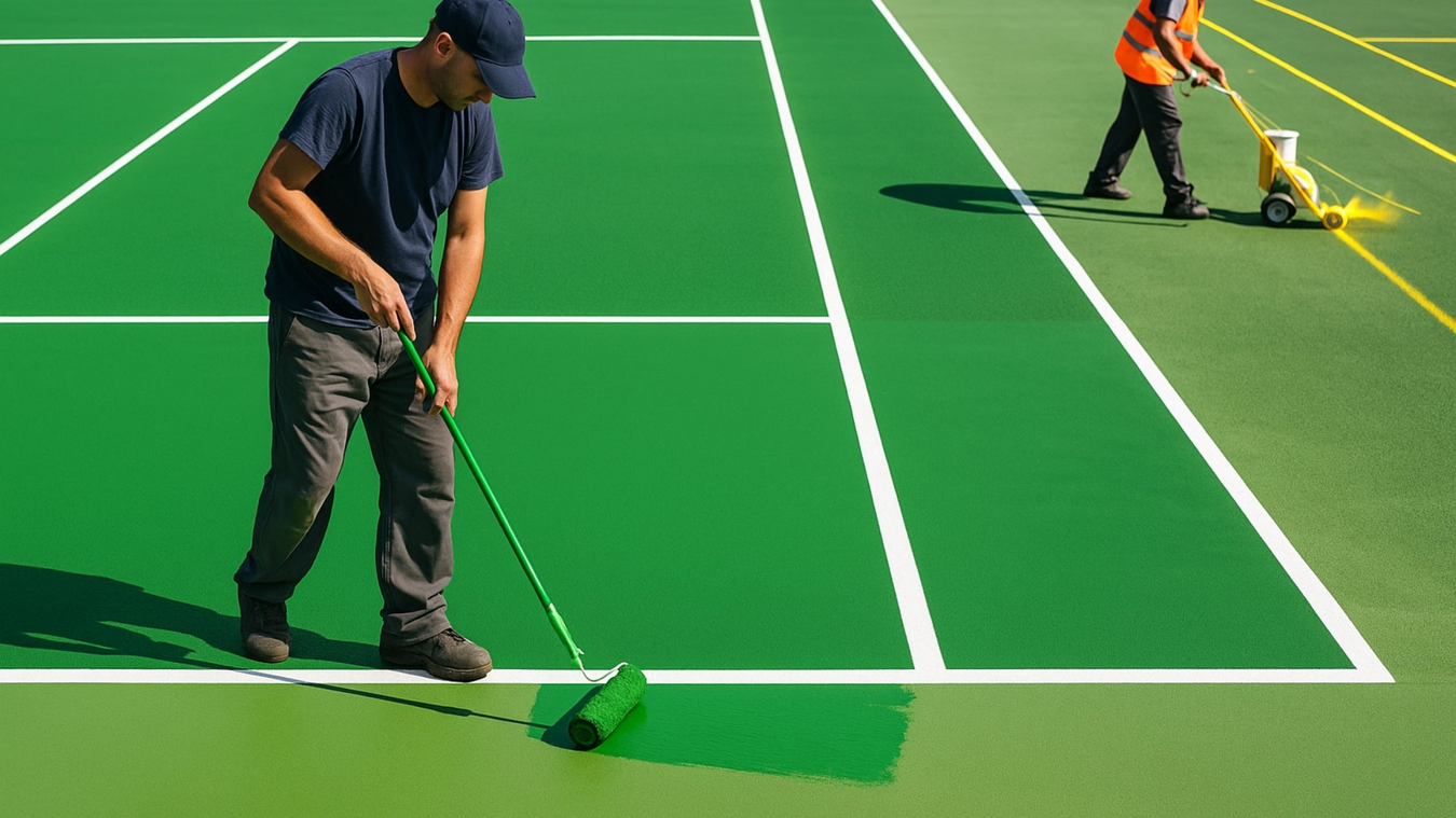 Multi sport surface court being painted with Coo-Var Tennis Court Paint and Coo-Var Line Marking Paint