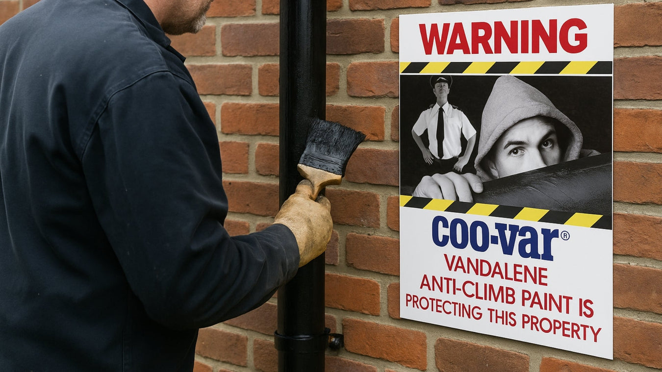 Coo-Var Anti Climb Vandal Paint Applied to drain pipe and anti climb anti vandal sign sign 