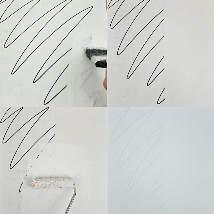 This image demonstrates how effectively SPO Shellac Stain & Odour Blocker covers pen and pencil marks. One side remains untreated, clearly showing the marks bleeding through the topcoat, while the treated side displays a clean finish, with the pen and pencil marks fully sealed.