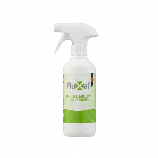 Fluxaf Mould and Mildew Remover bottle - bleach-free biodegradable cleaner for interior and exterior surfaces