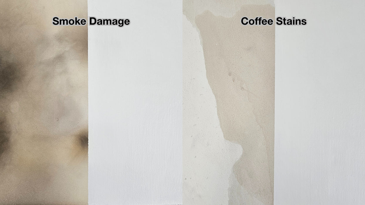 This image illustrates the remarkable coverage provided by SPO Shellac Stain & Odour Blocker on a coffee stain and smoke and fire damage. 